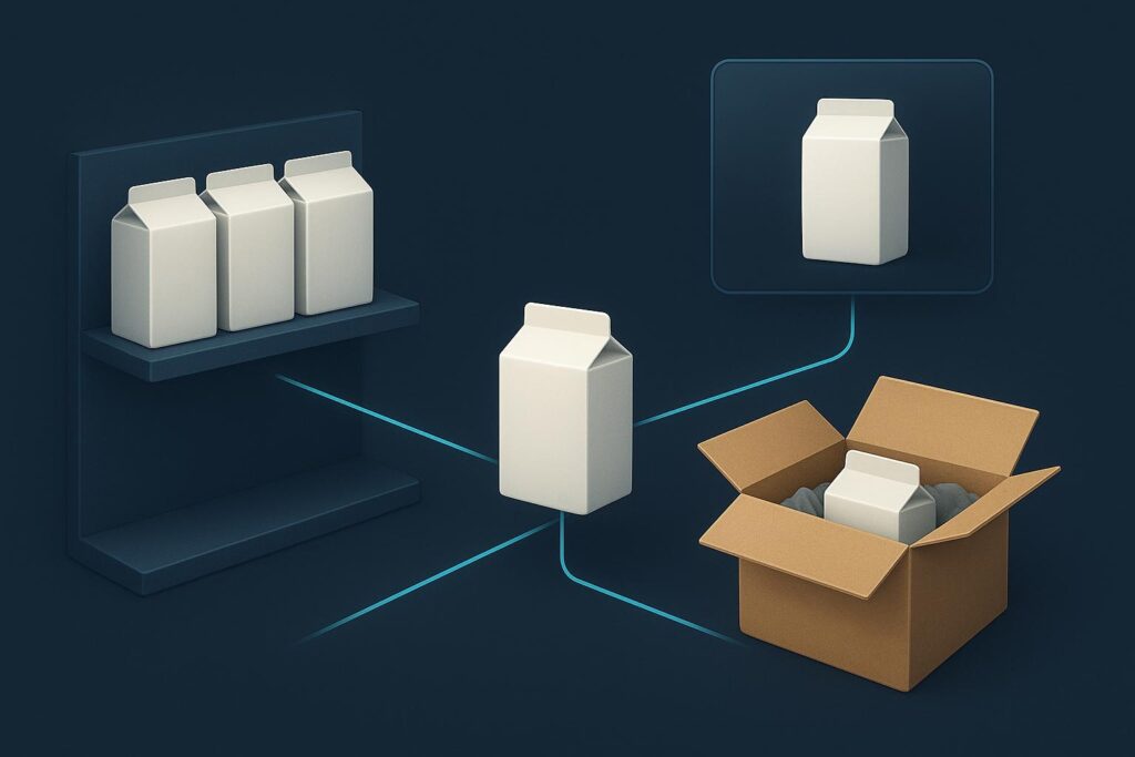 Diagrama de un producto genérico conectado con anaquel, catálogo digital y caja de envío.