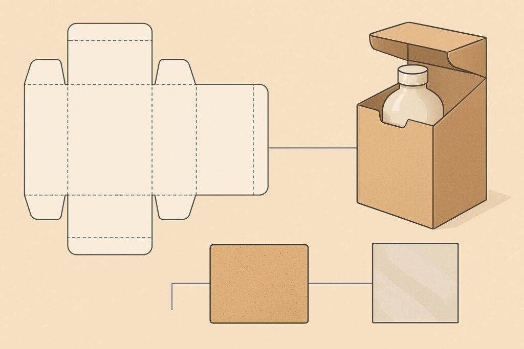 Esquema de una caja plegadiza desplegada, caja armada, envase y muestras de materiales.