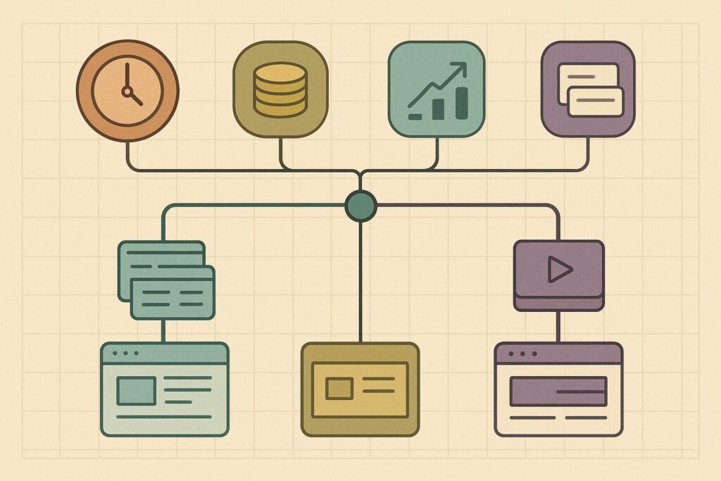 Diagrama de cuatro factores operativos que orientan la elección entre SEO y publicidad digital y conectan ambas rutas con el seguimiento de consultas.