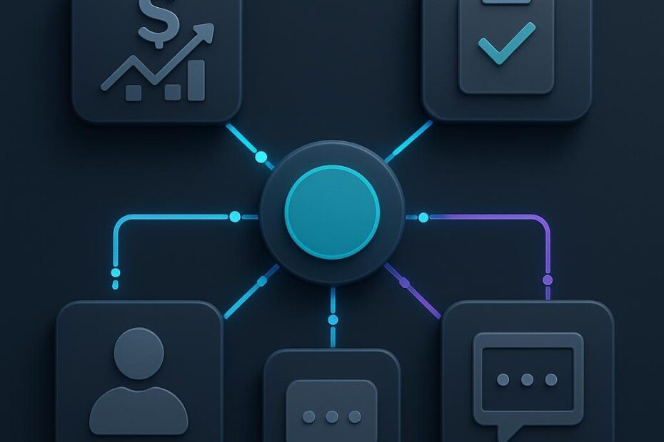 Diagrama conceptual con un objetivo central de campaña conectado a cinco resultados posibles: ventas, cotizaciones, registros, visitas y mensajes.