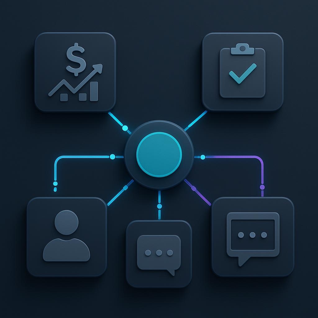Diagrama conceptual con un objetivo central de campaña conectado a cinco resultados posibles: ventas, cotizaciones, registros, visitas y mensajes.