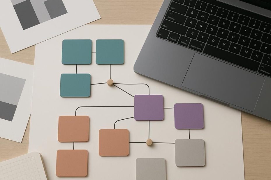Escritorio con tarjetas, notas y diagramas sin texto organizados en grupos para planear la estructura de contenidos de un sitio web.