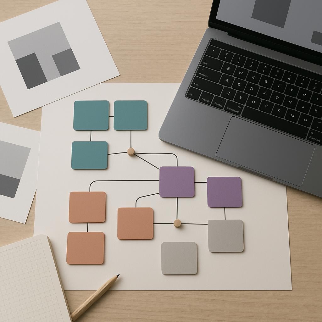 Escritorio con tarjetas, notas y diagramas sin texto organizados en grupos para planear la estructura de contenidos de un sitio web.