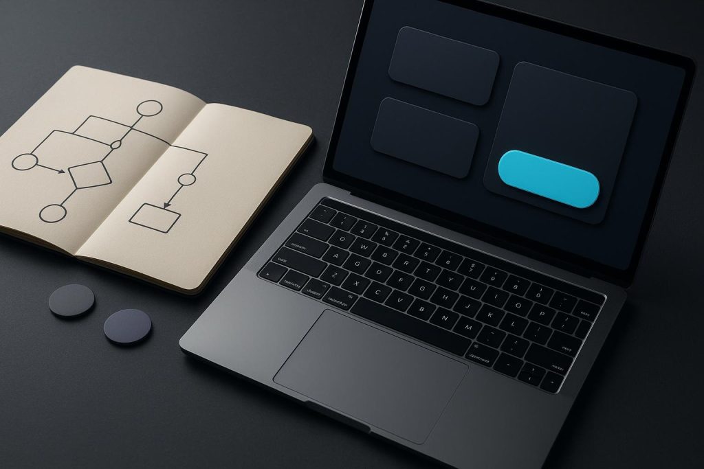 Laptop con una interfaz web abstracta donde un botón cian destaca sobre controles secundarios, junto a una libreta con una ruta visual sin texto.