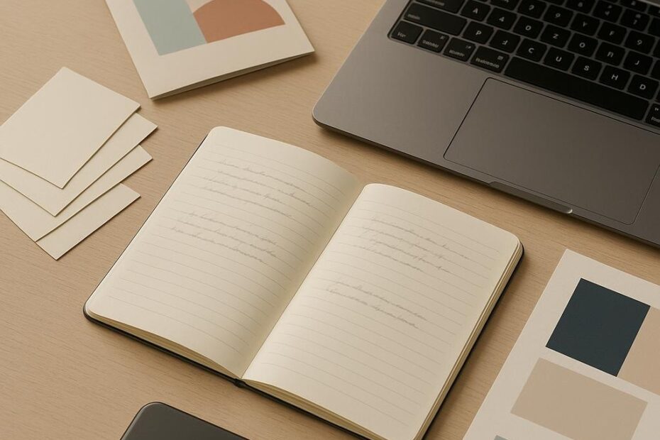 Mesa de trabajo con libreta, tarjetas y materiales impresos sin marca organizados para preparar un diagnóstico de marca.