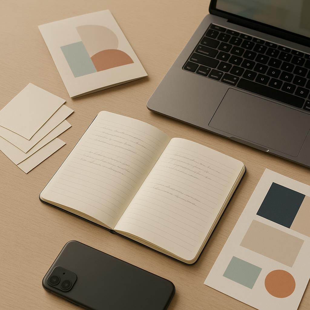 Mesa de trabajo con libreta, tarjetas y materiales impresos sin marca organizados para preparar un diagnóstico de marca.