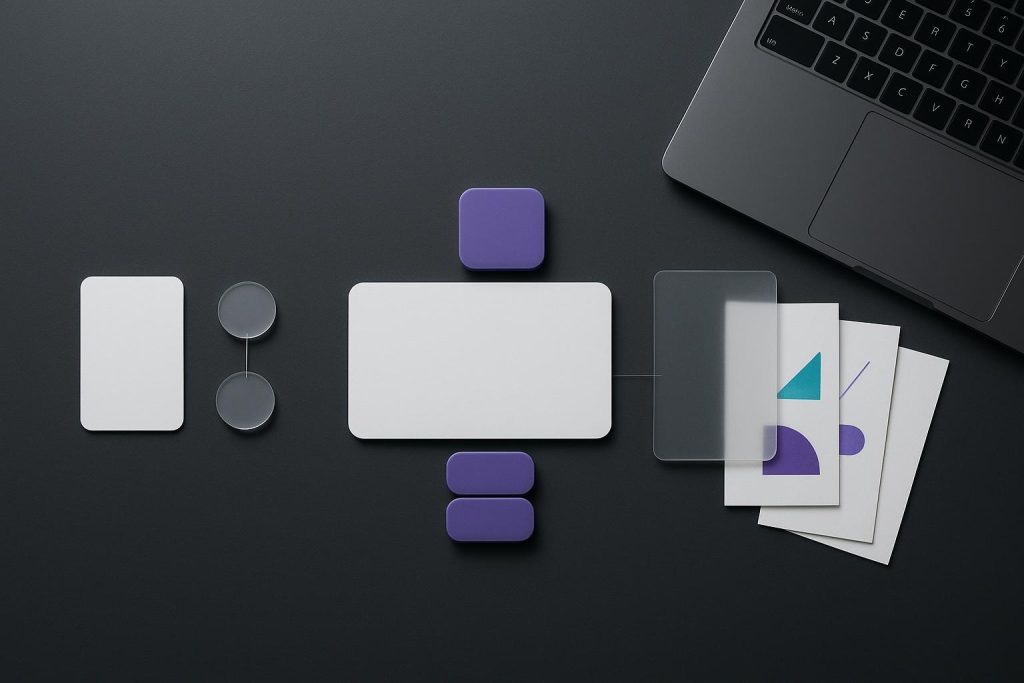 Bodegón sobre mesa oscura con tres conjuntos de tarjetas y materiales que comparan automatización simple, respuestas predefinidas y un agente de IA conectado a fuentes documentales.