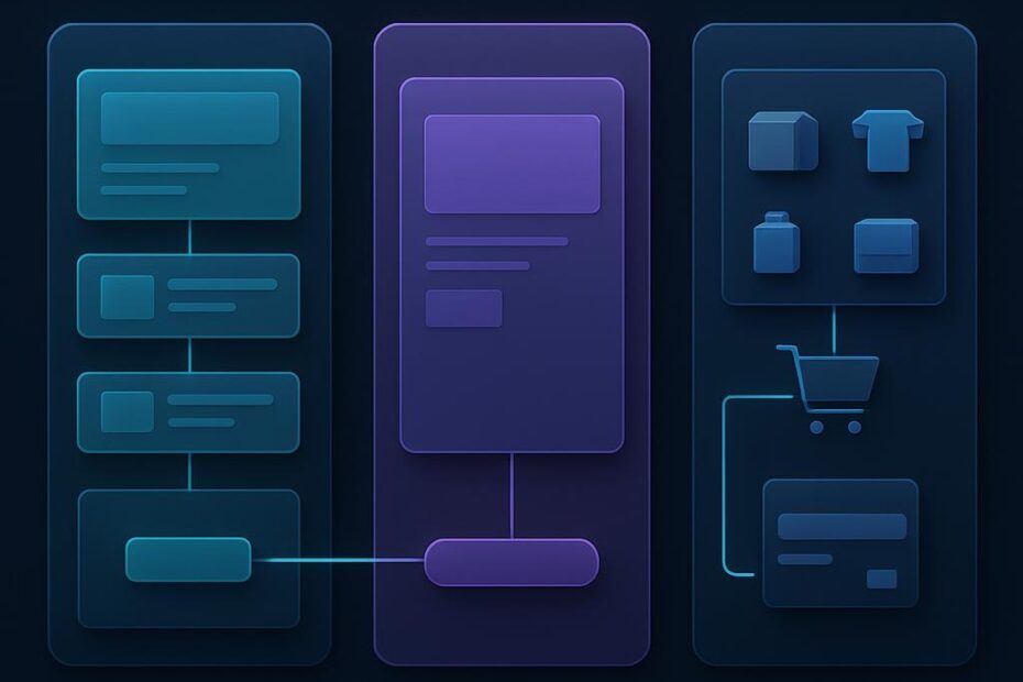 Diagrama comparativo de un sitio corporativo con varias secciones, una landing page enfocada y una tienda en línea con recorrido de compra.
