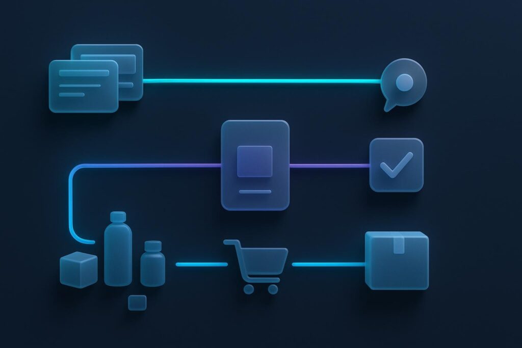 Diagrama horizontal con tres rutas que conectan servicios, una campaña y productos con acciones de contacto, solicitud y compra.