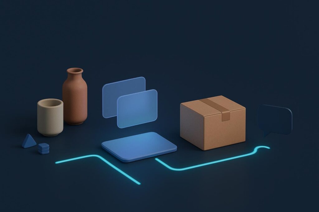 Productos sin marca, información de producto, pago, paquete de envío y atención conectados en una composición de comercio electrónico.