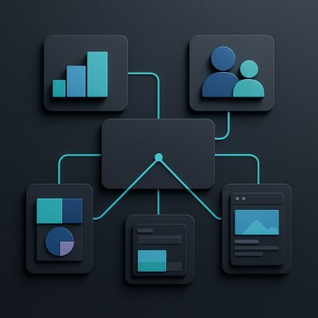 Tablero estratégico de auditoría de marca que conecta materiales de oferta, público, mensajes e identidad visual mediante rutas luminosas.