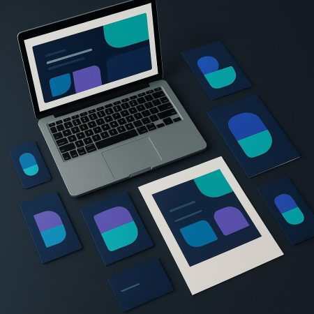 Conjunto de laptop, tarjetas digitales, presentación y materiales impresos con una misma paleta y estilo gráfico aplicado de forma coherente.