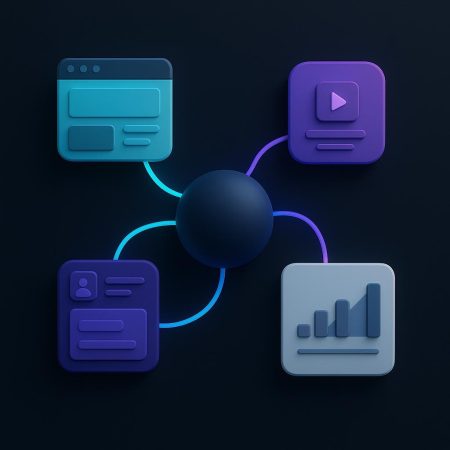 Diagrama conceptual de una estrategia de marca conectada con un sitio web, campañas digitales, redes sociales y medición.