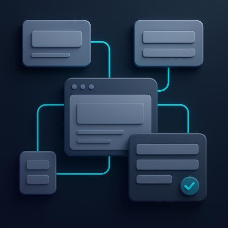 Ilustración de un sitio web empresarial con páginas principales y formulario de contacto conectados mediante rutas visuales ordenadas.