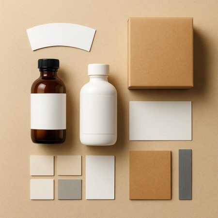 Envases sin marca, etiquetas en blanco, muestras de papel y cartón organizados sobre una mesa para planear un diseño de packaging.