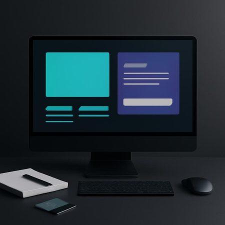 Ilustración profesional de una plataforma web con fondo oscuro y acentos turquesa y morado