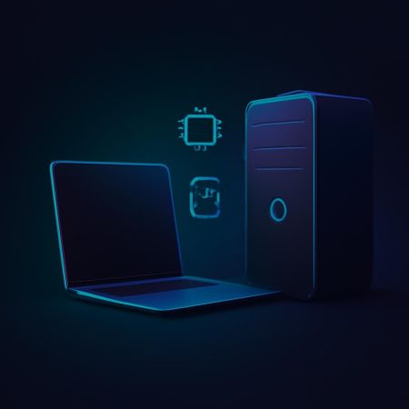 Laptop y torre de escritorio sobre fondo oscuro turquesa y morado, íconos de rendimiento y seguridad