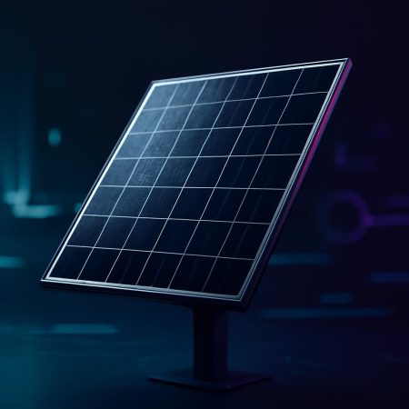 Panel solar con estilo visual profesional y fondo oscuro en tonos turquesa y morado