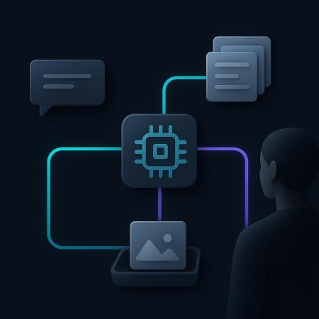 Diagrama editorial de una consulta que pasa por un agente de IA y se dirige a información autorizada o a atención humana según el caso.