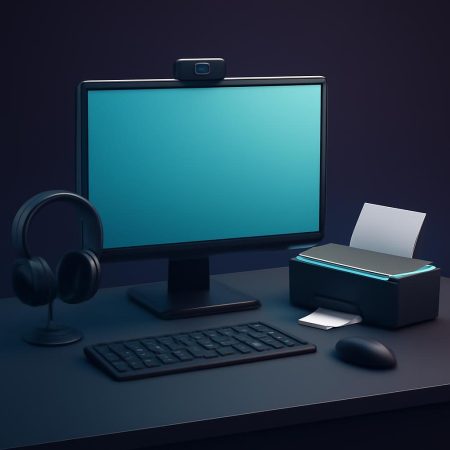 Computadora de escritorio con dispositivos periféricos como teclado, mouse, cámara y audífonos.