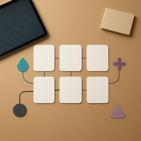 Mesa de trabajo con tarjetas en blanco, fichas de criterio y muestras de papelería para comparar opciones de nombre de marca.