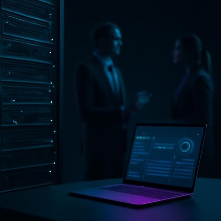 Servidores y laptop en ambiente profesional con acentos turquesa y morado