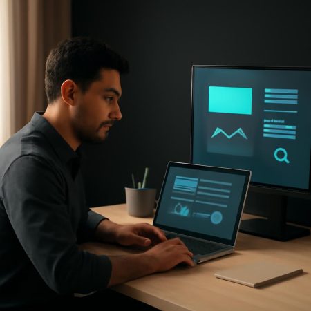 Dark professional hero image showing a website maintenance dashboard with turquoise and purple accents