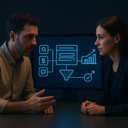 Equipo de una PYME analiza en una pantalla las conexiones entre canales digitales, sitio web y conversiones.