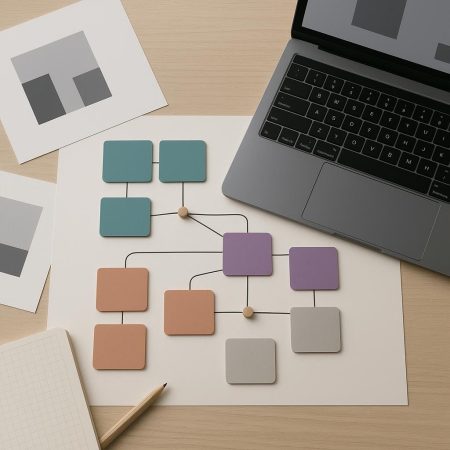 Escritorio con tarjetas, notas y diagramas sin texto organizados en grupos para planear la estructura de contenidos de un sitio web.