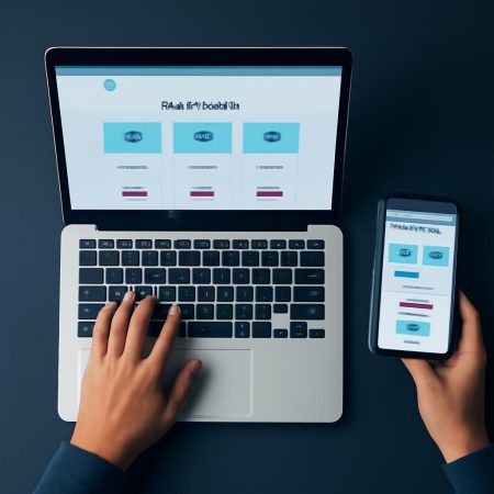 Laptop y teléfono mostrando una página de servicios con opciones de contacto.