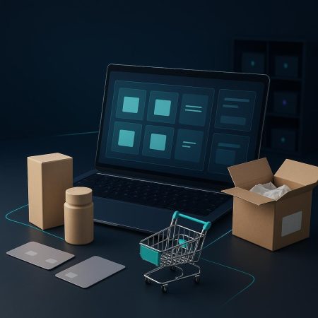 Composición editorial con una laptop de tienda en línea, productos, carrito, tarjetas de pago, caja de envío e inventario organizado.