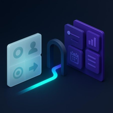 Diagrama isométrico con tarjetas cian de información pública conectadas por una ruta luminosa a tarjetas violetas de detalles comerciales variables.
