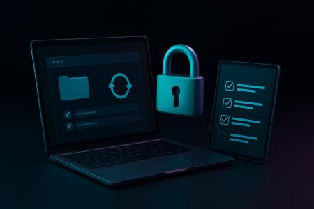 Panel de administración web en laptop con iconos de actualización, candado y lista de verificación en tablet, fondo oscuro turquesa-morado