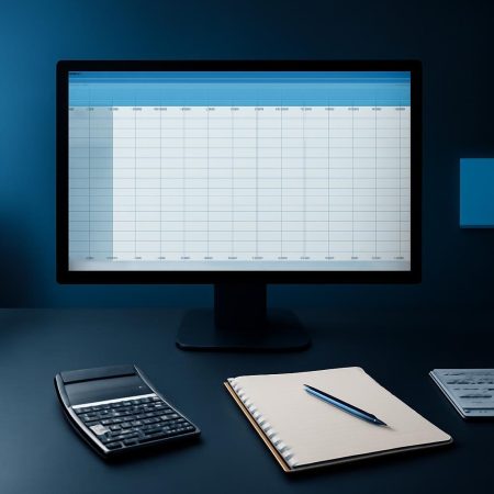 Escritorio profesional con monitor para trabajo contable y accesorios de oficina.