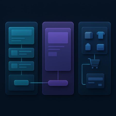 Diagrama comparativo de un sitio corporativo con varias secciones, una landing page enfocada y una tienda en línea con recorrido de compra.