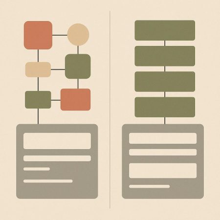 Comparación visual entre una ruta flexible de generación de borradores y una estructura modular de plantilla editorial reutilizable.