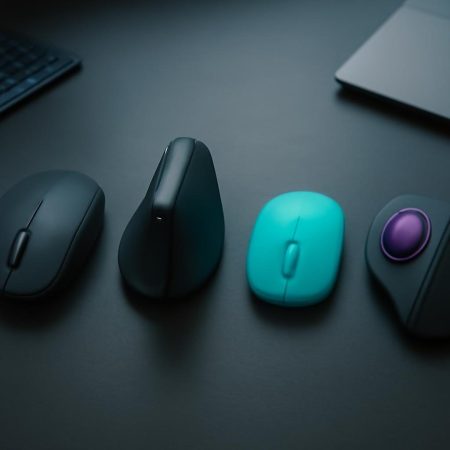 Diferentes tipos de mouses para oficina, diseño y trabajo móvil sobre un escritorio oscuro.